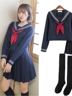 Navy Cosplay Seifuku Japanese School Uniform with Long Sleeves Long Skirt NWT